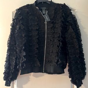 ‼️BRAND NEW‼️ASHLEY STEWART😍BLK RUFFLE SHEER/MESH BOMBER💕SZ 10/12🤩NWT🏷️